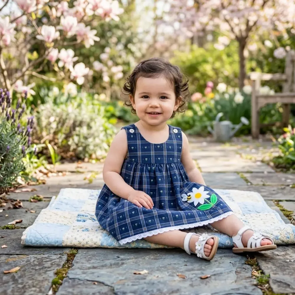 Vintage 1980s Good Lad Blue Daisy & Bumblebee Jumper Dress | Baby 18 M | NWT